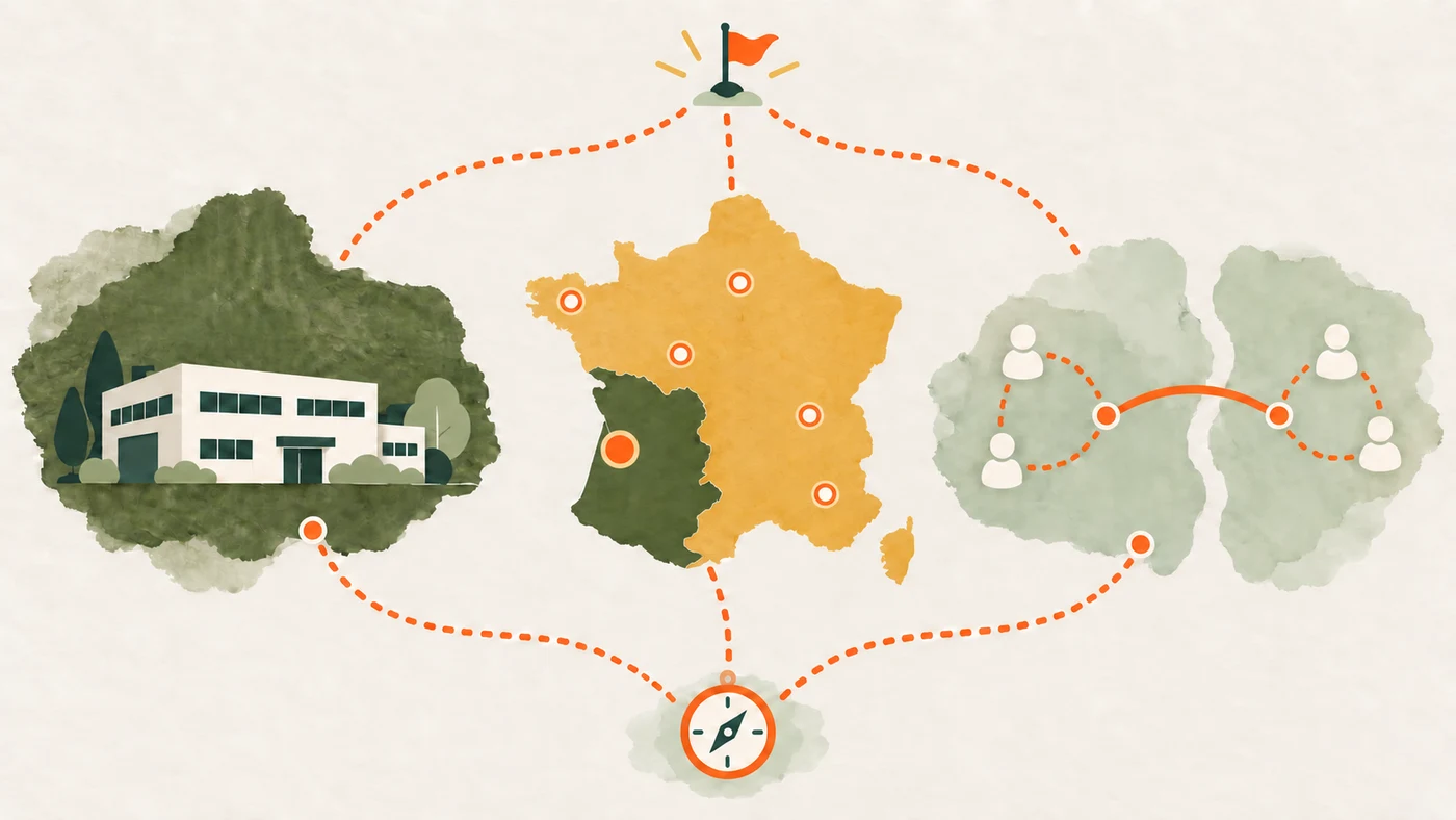Trois chemins partent d'un même point et mènent au même drapeau : formation chez vous, parcours en région, parcours à distance.
